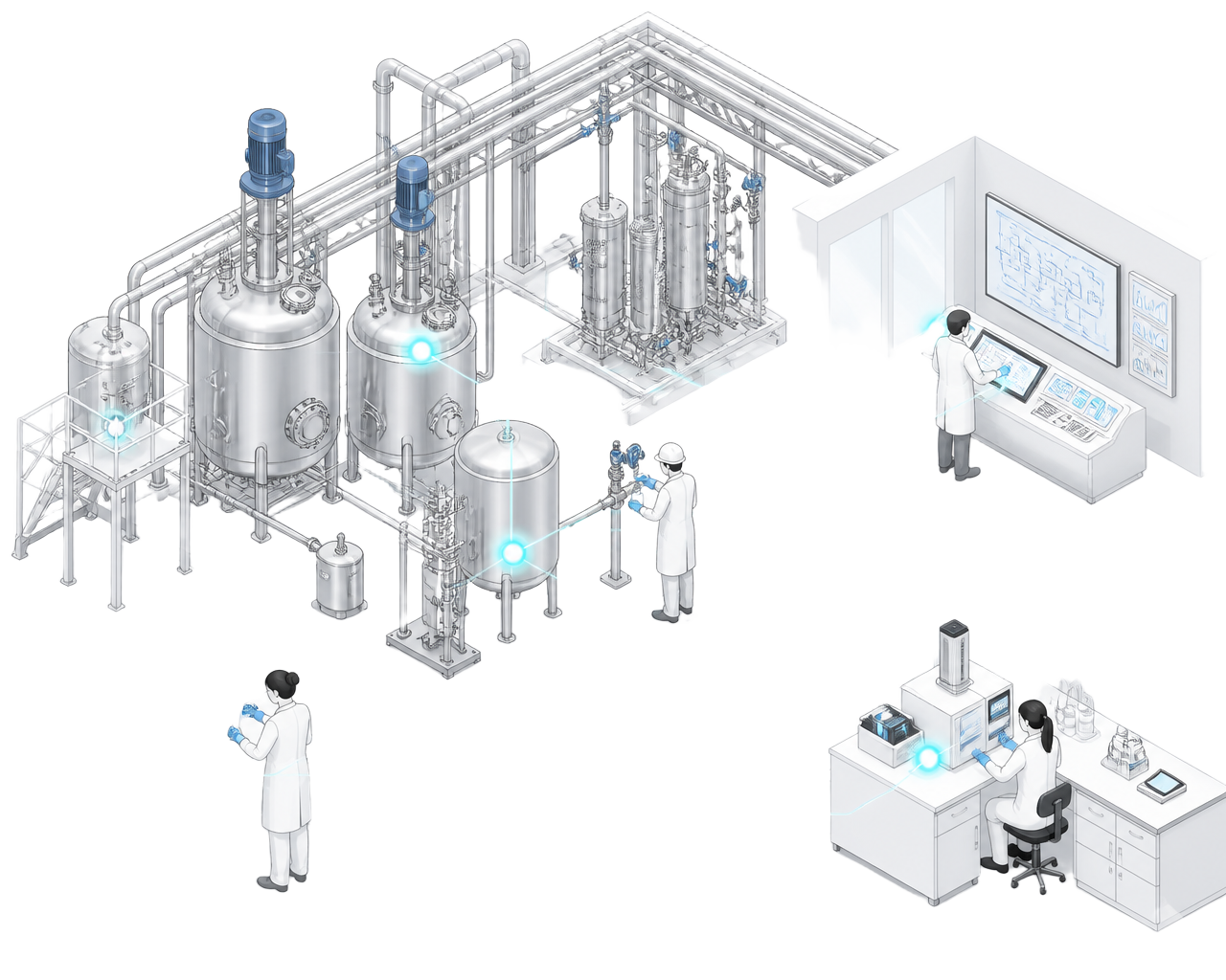 Izometrická ilustrace chemického provozu s reaktory, potrubím, laboratoří a procesním technologem